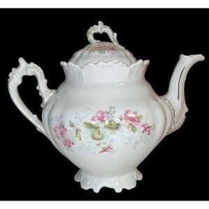 ANTIQUE HABSBURG CHINA PORCELAIN TEA POT PINK & GREEN FLORAL C.1900 AUSTRIA